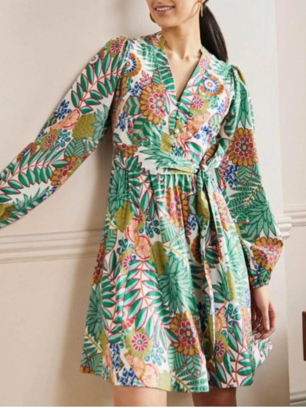 Boden Notch Neck Floral Dress Size 8 Tropical Long Sleeve